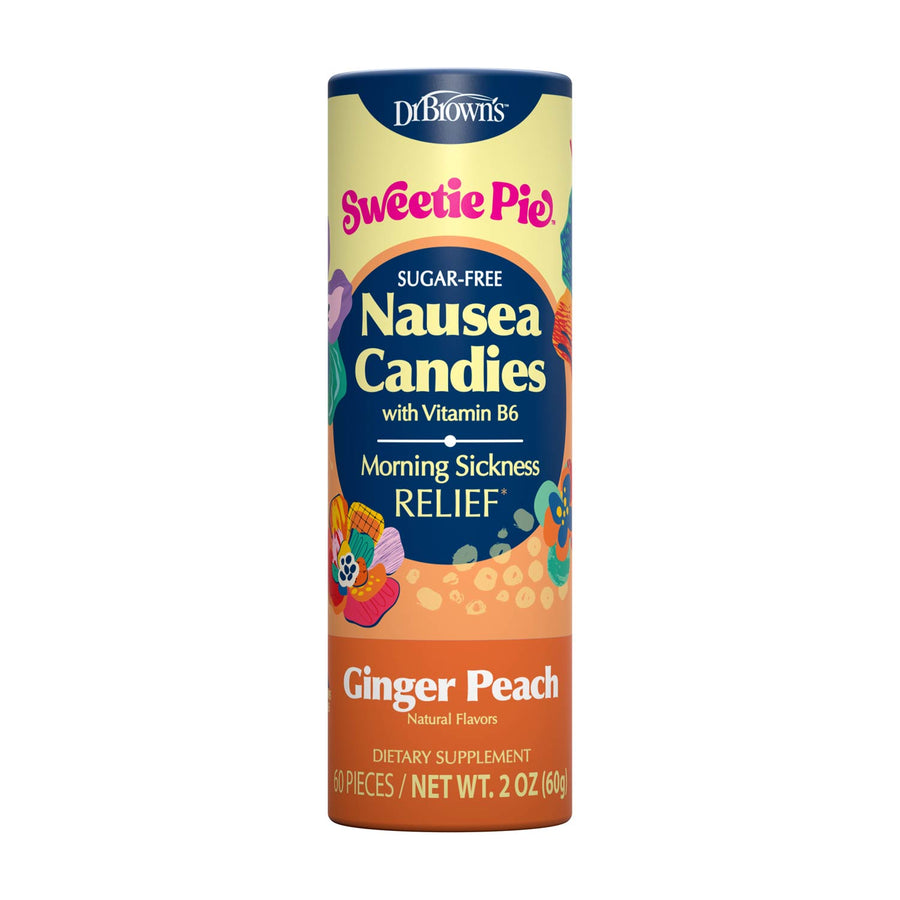 A tall cylindrical container of Dr. Brown's Sweetie Pie Nausea Candies with Vitamin B6, Morning Sickness Relief, Ginger Peach flavor