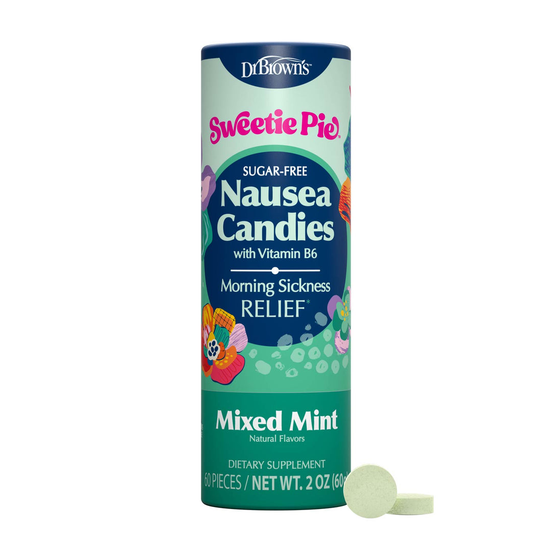 Dr. Brown's Sweetie Pie Nausea Candies in a mint green and teal cylindrical container, shown with two light green round candies