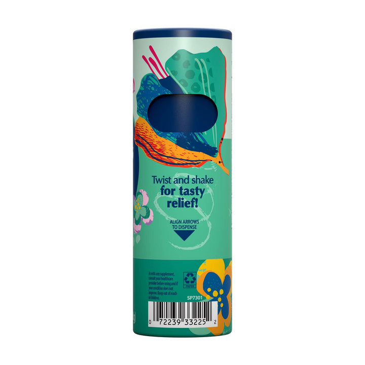 A cylindrical cardboard package for Dr. Brown's Mixed Mint flavored Nausea Candies, featuring a teal and blue design with a cutout window showing a dark blue oval item inside. The label reads 'Twist and shake for tasty relief' and includes colorful abstract floral and arrow illustrations.