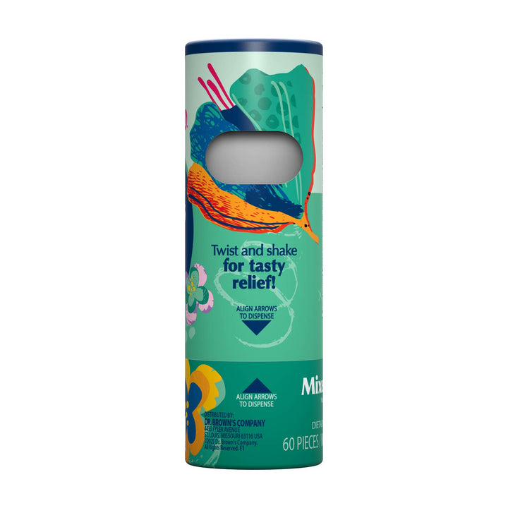 A cylindrical cardboard tube package for Dr. Brown's Mixed Mint flavored Nausea Candies, featuring a colorful illustration of a fish on a teal background with a window showing the gray arrows inside.