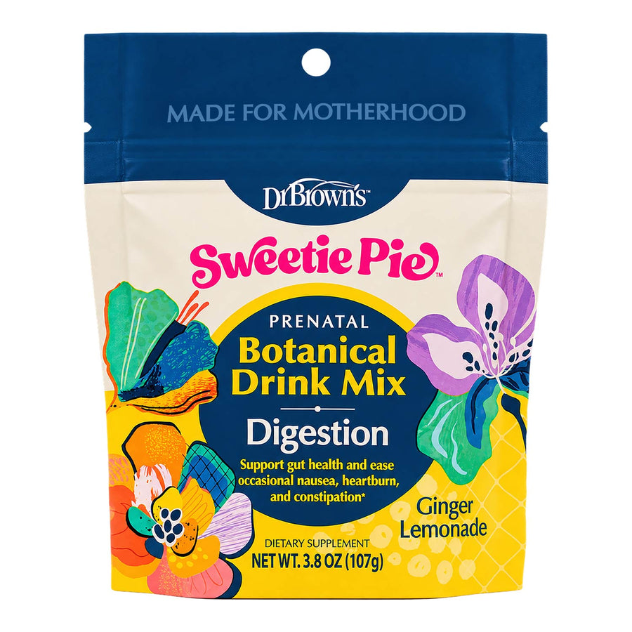 A stand-up pouch of Dr. Brown's Sweetie Pie Prenatal Botanical Drink Mix, Digestion, Ginger Lemonade flavor.
