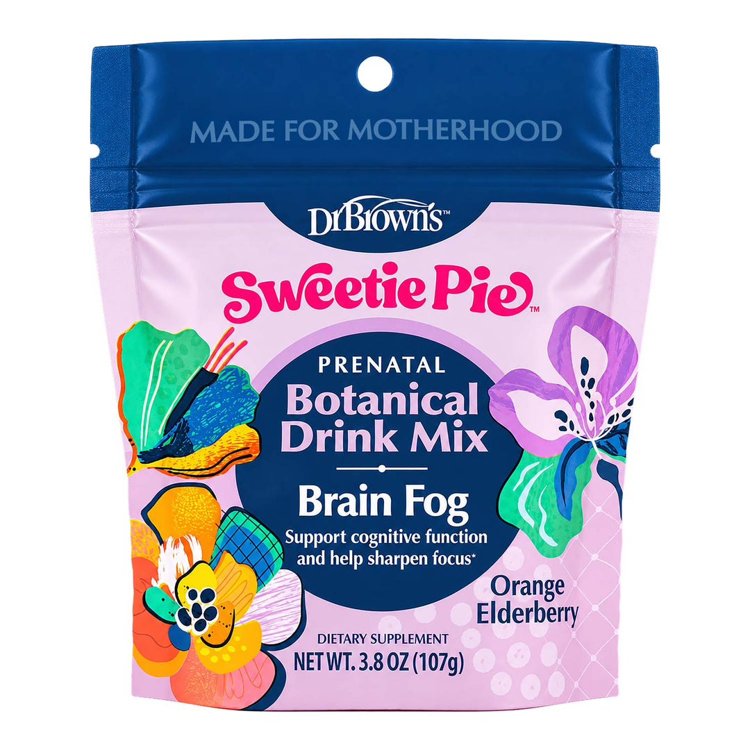 A stand-up pouch of Dr. Brown's Sweetie Pie Prenatal Botanical Drink Mix, Orange Elderberry flavor.