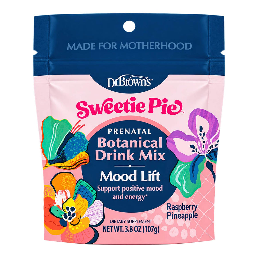 A stand-up pouch of Dr. Brown's Sweetie Pie Prenatal Botanical Drink Mix Mood Lift dietary supplement, Raspberry Pineapple flavor.
