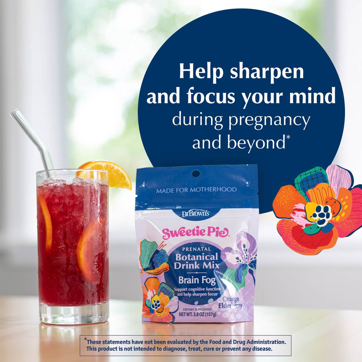 A package of Dr. Brown's Sweetie Pie Prenatal Botanical Drink Mix is shown standing next to a glass of red beverage with orange slices and a straw, with a large blue text bubble reading 'Help sharpen and focus your mind during pregnancy and beyond'.