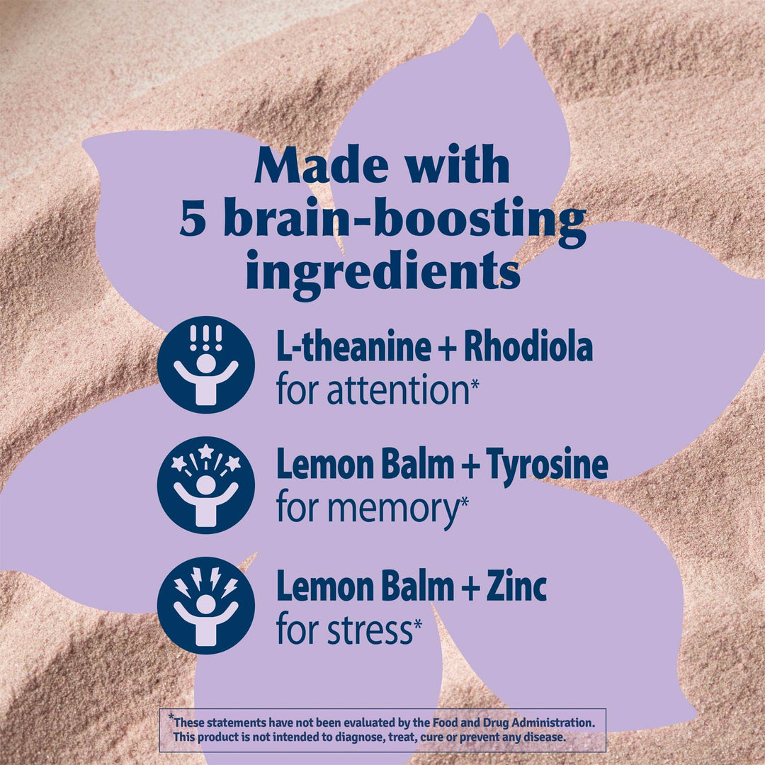 A promotional graphic with a lavender petal-shaped shape over a sandy beige background, containing text that says 'Made with 5 brain-boosting ingredients' and three ingredient callouts with icons: L-theanine + Rhodiola for attention, Lemon Balm + Tyrosine for memory, and Lemon Balm + Zinc for stress.