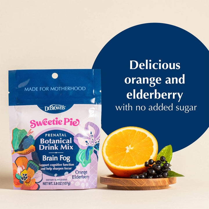 Dr. Brown's Sweetie Pie Prenatal Botanical Drink Mix in Orange Elderberry flavor, shown in its packaging next to a fresh orange slice, elderberry berries, and a dark blue graphic circle with product text.