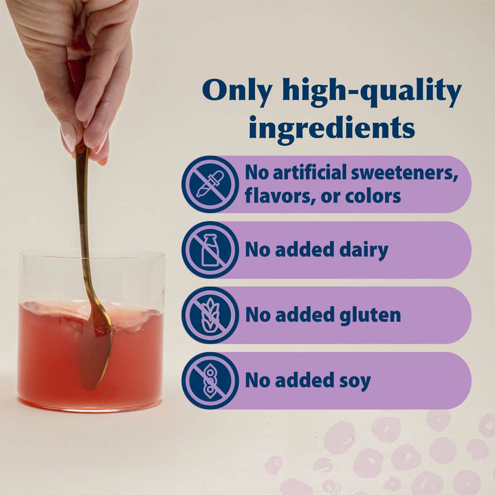 A hand holds a spoon over a glass of pink liquid on a light beige background, with text listing product benefits: only high-quality ingredients, no artificial sweeteners/flavors/colors, no added dairy, no added gluten, and no added soy.