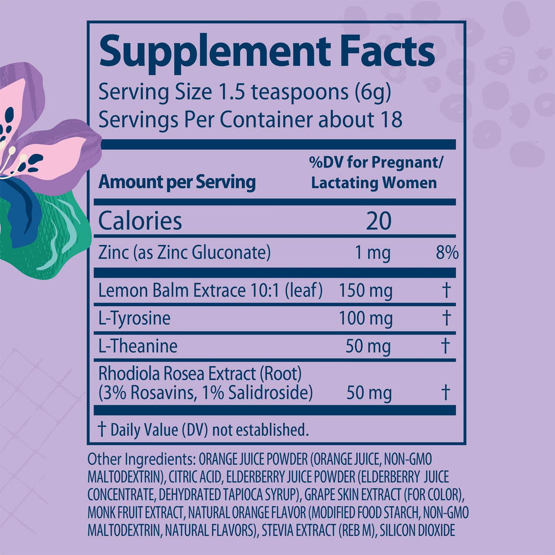 A supplement facts label on a lavender background with decorative floral graphics. The label lists serving size 1.