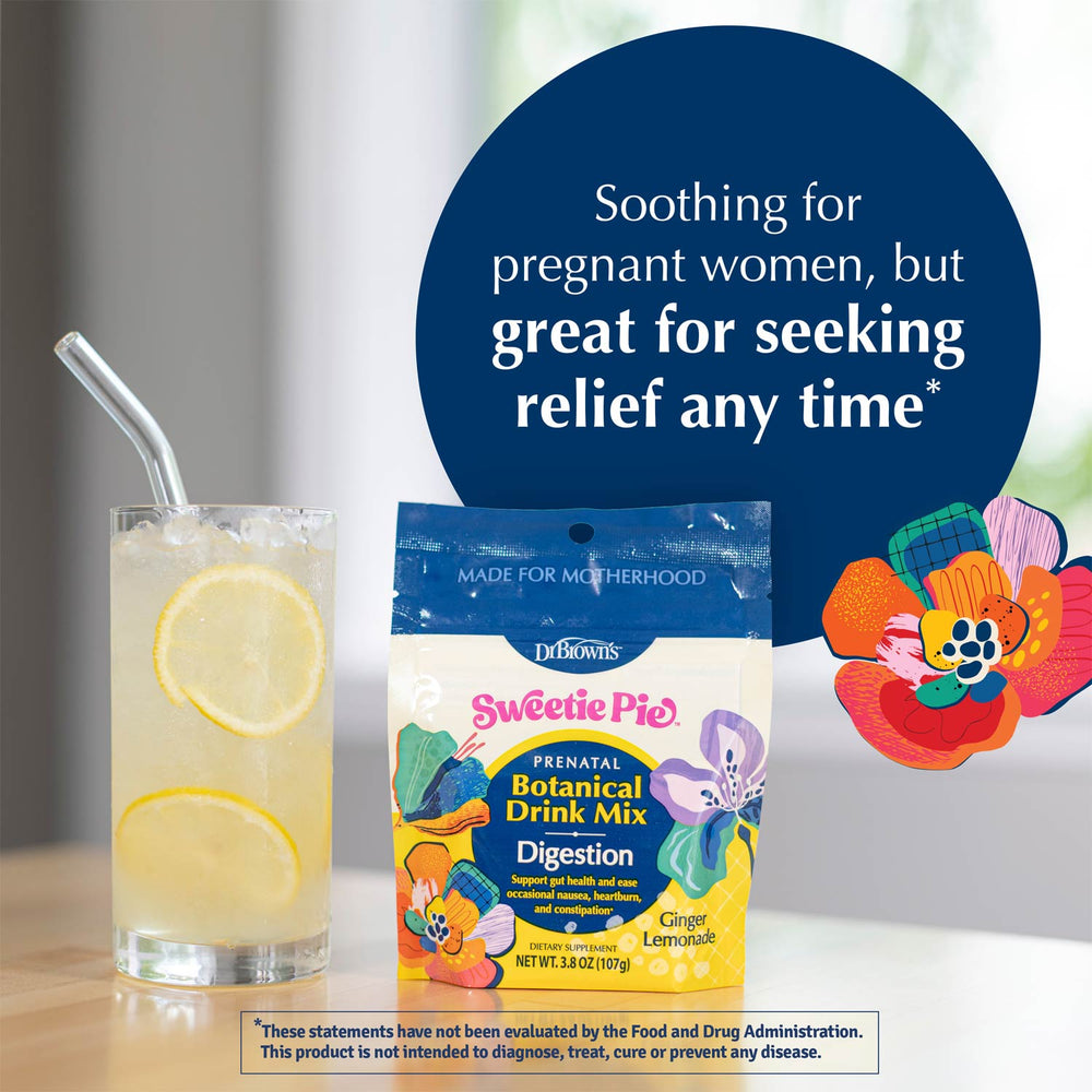 A package of Dr. Brown's Sweetie Pie Menstrual Botanical Drink Mix is shown alongside a glass of lemonade with a straw and a large blue promotional text bubble on a light background.