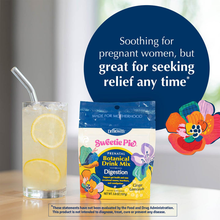 A package of Dr. Brown's Sweetie Pie Menstrual Botanical Drink Mix is shown alongside a glass of lemonade with a straw and a large blue promotional text bubble on a light background.