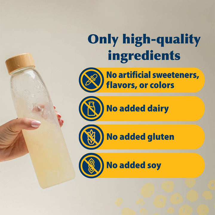 A hand holds a clear plastic bottle with a light wood cap, showing a ginger lemonade-flavored liquid inside. The image includes marketing text on a beige background: 'Only high-quality ingredients' and four yellow callouts stating no artificial sweeteners/flavors/colors, no added dairy, no added gluten, and no added soy.
