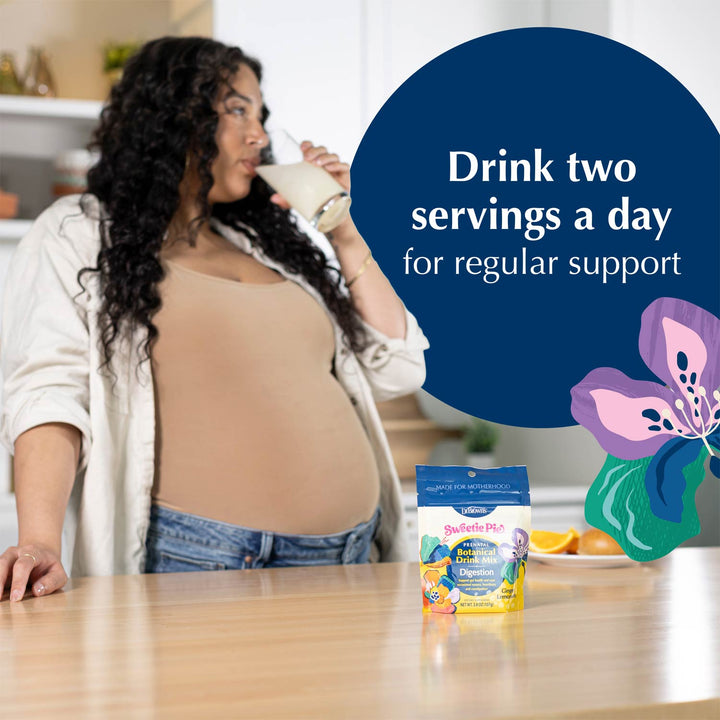 A pregnant woman drinking Ginger Lemonade flavored drink for digestion in a kitchen setting, with a package of Botanical Drink Mix on the counter and a large blue text bubble that reads 'Drink two servings a day for regular support'.