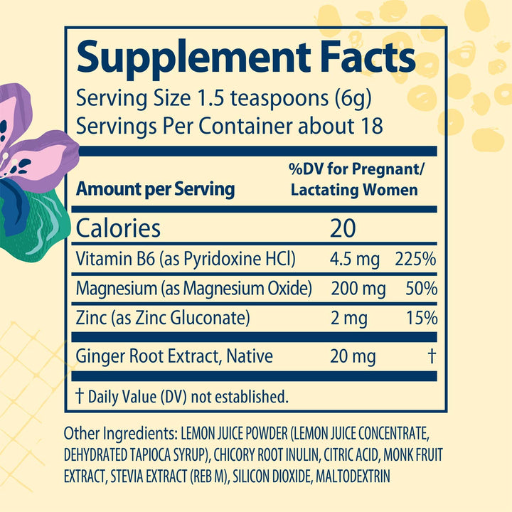 A supplement facts label graphic with a cream background, dark blue border, and a decorative purple flower on the left. The label lists serving size 1. Lists ingredients for Ginger Lemonade drink mix.