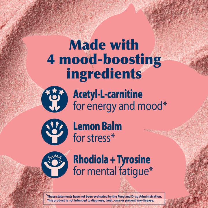 An informational graphic with a pink flower-shaped outline over a textured pink background, reading 'Made with 4 mood-boosting ingredients' and listing Acetyl-L-carnitine, Lemon Balm, and Rhodiola + Tyrosine with icons. No physical product is shown.
