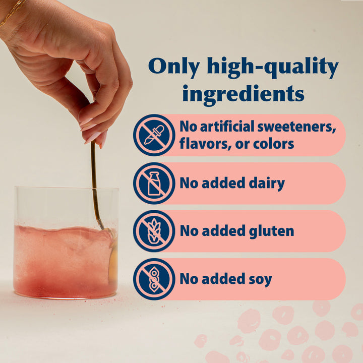 A hand stirs a pink drink in a clear glass on a white background, next to text that reads 'Only high-quality ingredients' with icons for no artificial sweeteners/flavors/colors, no added dairy, no added gluten, and no added soy.