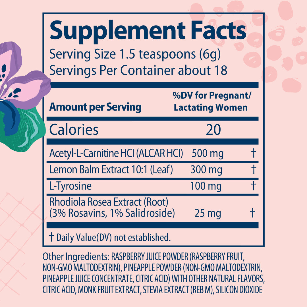A supplement facts label with a large Supplement Facts panel on a pale pink background with a subtle heart pattern. 