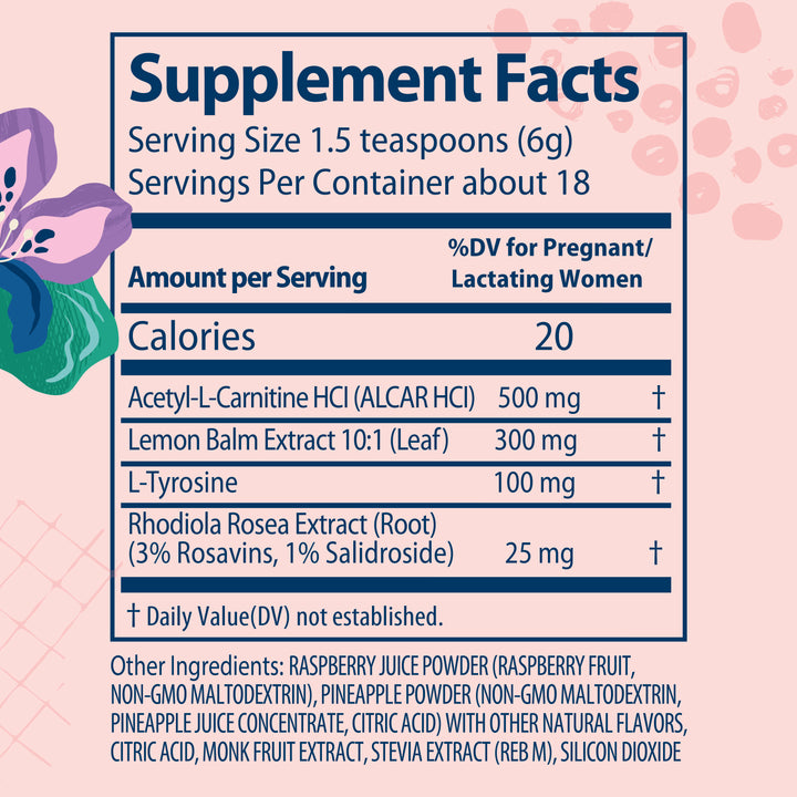 A supplement facts label with a large Supplement Facts panel on a pale pink background with a subtle heart pattern. 