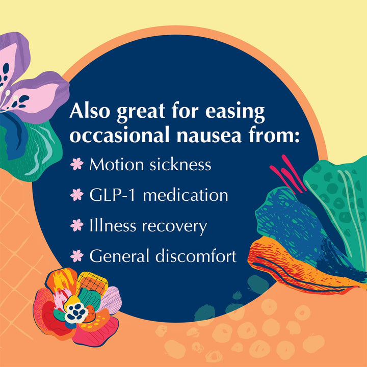 An illustrated informational graphic with a large dark blue oval in the center on a pale yellow background. White text reads, 'Also great for easing occasional nausea from:' followed by bullet points for motion sickness, GLP-1 medication, illness recovery, and general discomfort.