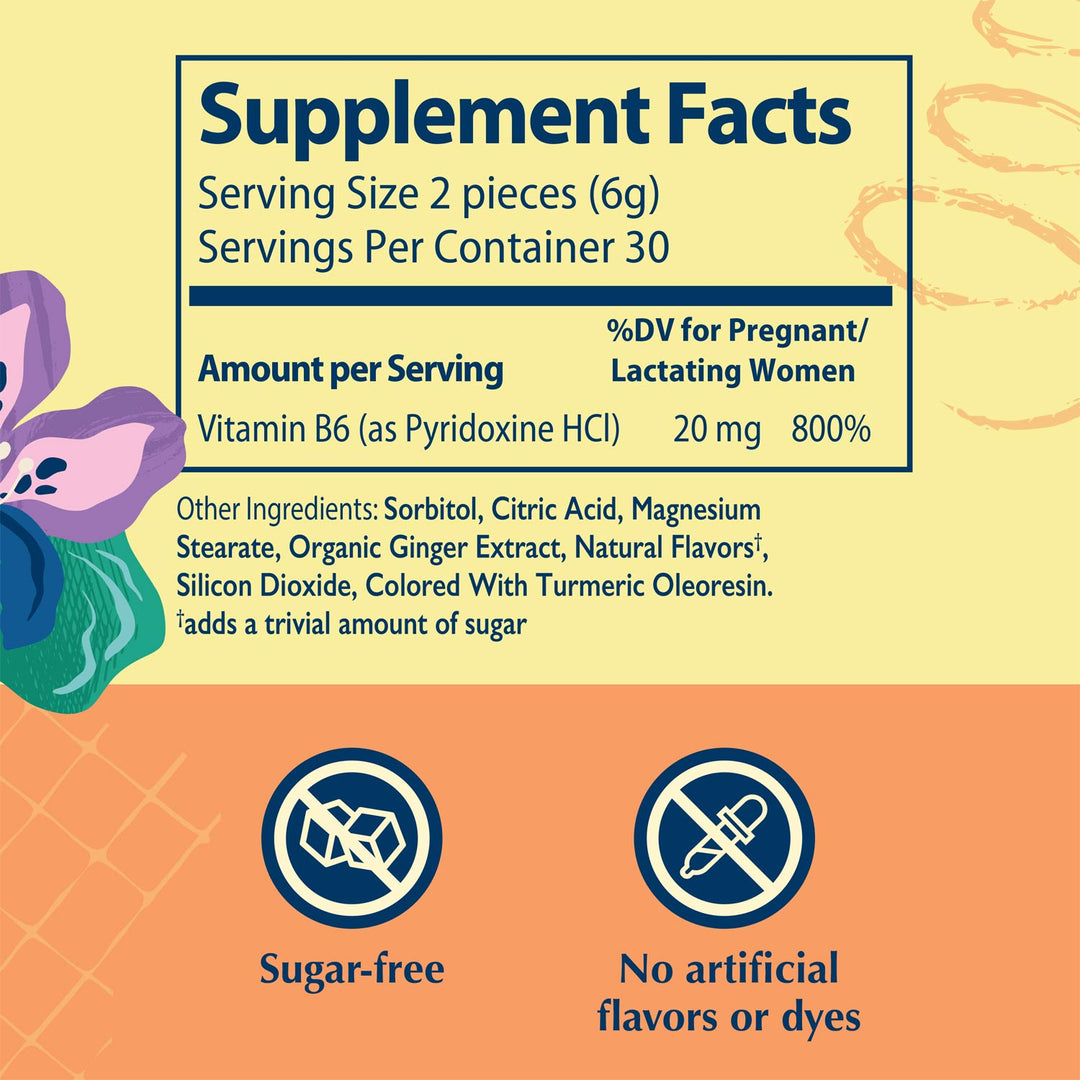 A supplement facts label-style graphic with a pale yellow upper section and peach lower section. The main panel reads 'Supplement Facts' with serving size 2 pieces (6g), servings per container 30, and Vitamin B6 content.
