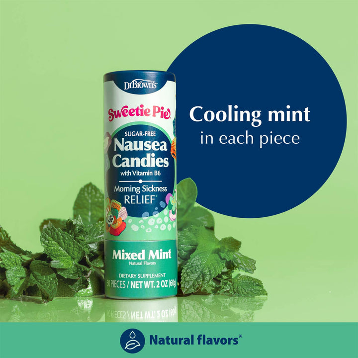 Dr. Brown's Sweetie Pie Nausea Candies in a 2 oz container of Mixed Mint flavor, displayed with fresh mint leaves on a light green background with a dark blue circle containing the text 'Cooling mint in each piece'.