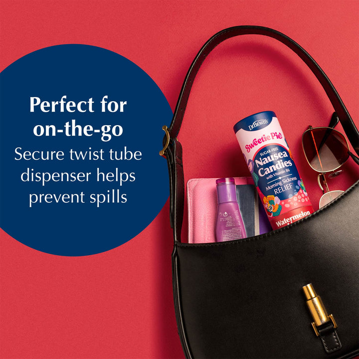 A black leather handbag on a red background with a blue text circle that reads 'Perfect for on-the-go Secure twist tube dispenser helps prevent spills.' The bag is shown with a tube of nausea candles and other small items peeking out from the top.