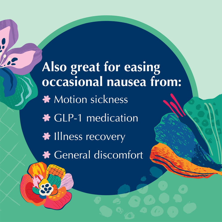 An illustrated informational graphic with a large dark blue circle on a mint green background. White text reads, 'Also great for easing occasional nausea from:' followed by bullet points for motion sickness, GLP-1 medication, illness recovery, and general discomfort.