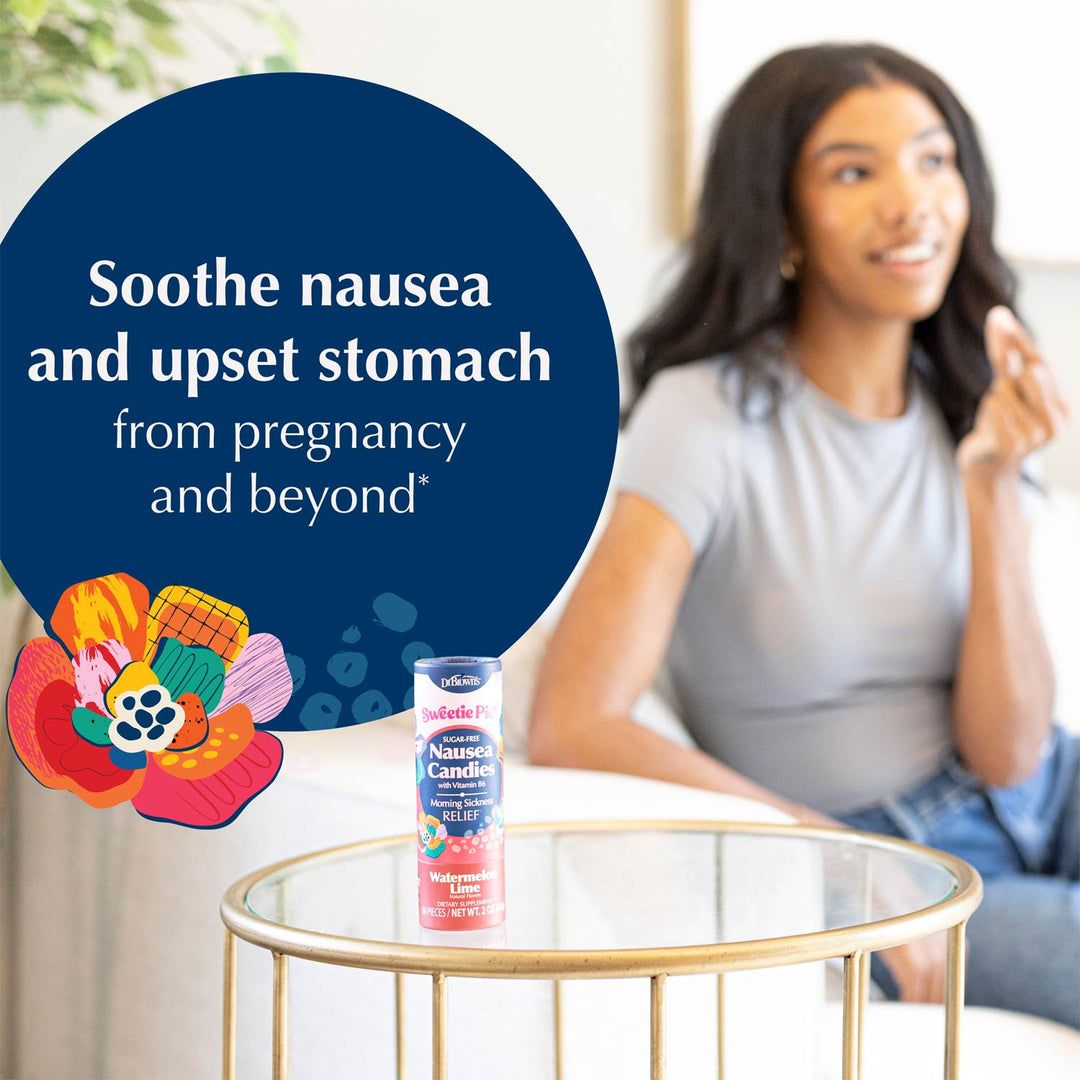 A person sits in a bright indoor setting with a small can of Sweetie Pie Nausea Candies placed on a round glass table in the foreground. A large dark blue promotional circle with white text overlays the left side, and a colorful flower graphic appears at the lower left.