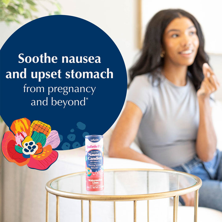A person sits in a bright indoor setting with a small can of Sweetie Pie Nausea Candies placed on a round glass table in the foreground. A large dark blue promotional circle with white text overlays the left side, and a colorful flower graphic appears at the lower left.