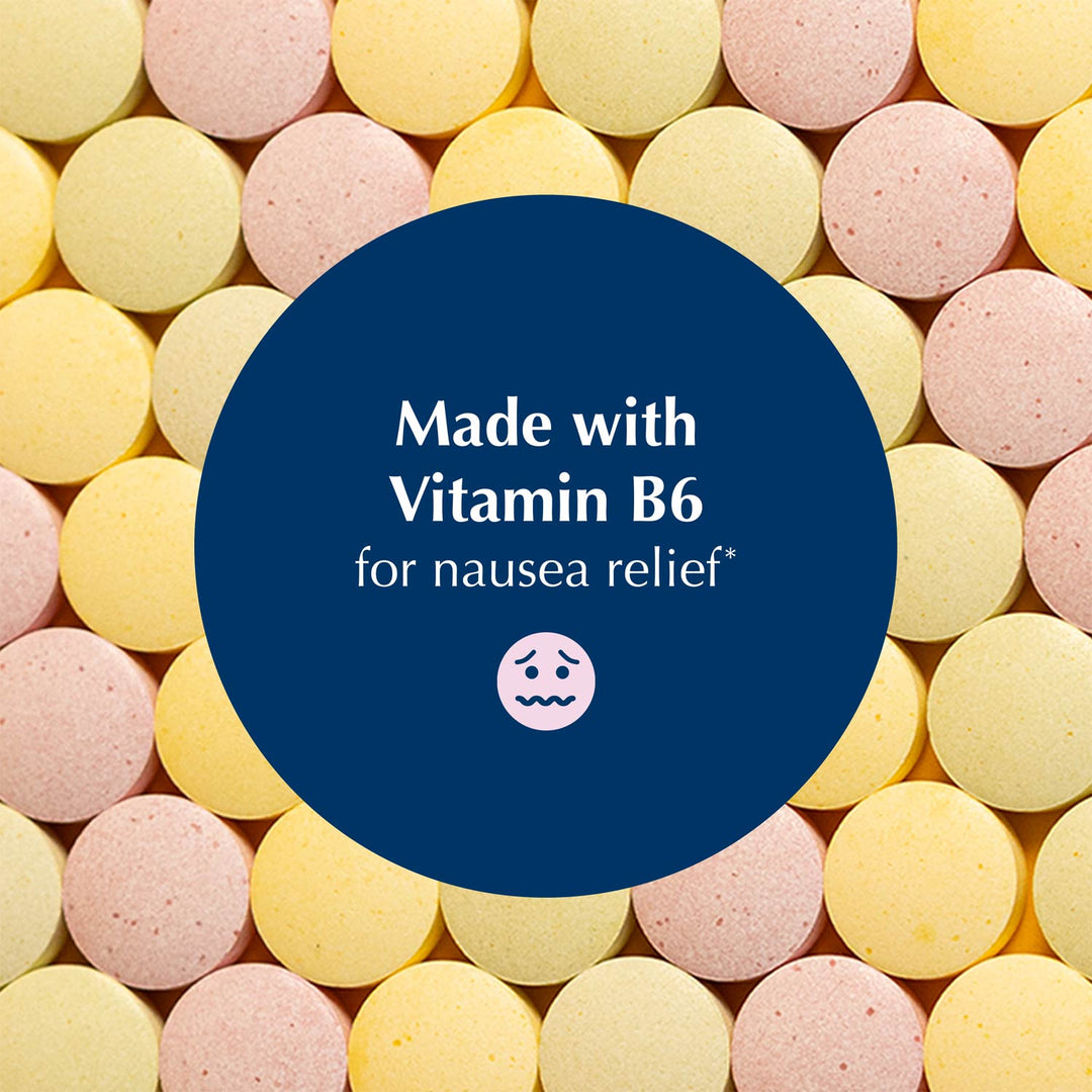 A close-up background of round vitamin B6 tablets in pale yellow and pink, with a large dark blue oval overlay in the center containing white text that reads 'Made with Vitamin B6 for nausea relief' and a small sad face icon.