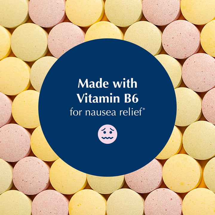 A close-up background of round vitamin B6 tablets in pale yellow and pink, with a large dark blue oval overlay in the center containing white text that reads 'Made with Vitamin B6 for nausea relief' and a small sad face icon.