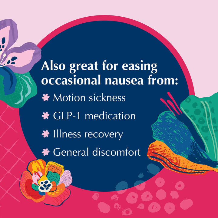 An illustrated informational graphic with a large dark blue oval centered on a pink background. White text reads, 'Also great for easing occasional nausea from:' followed by bullet points for motion sickness, GLP-1 medication, illness recovery, and general discomfort.