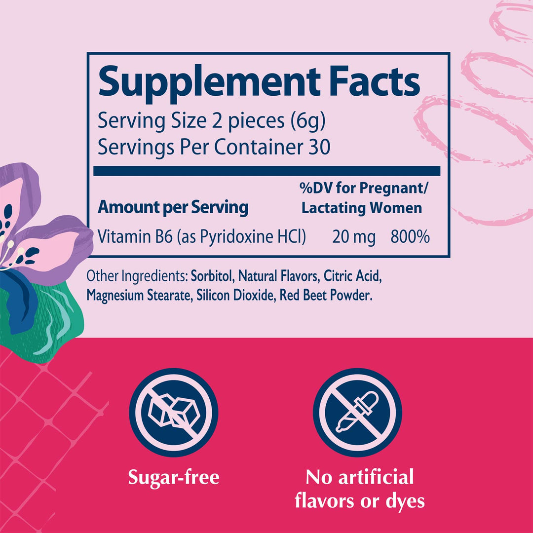 A supplement facts label design with a pink and magenta background, a large 'Supplement Facts' panel, and two benefit icons at the bottom reading 'Sugar-free' and 'No artificial flavors or dyes'.