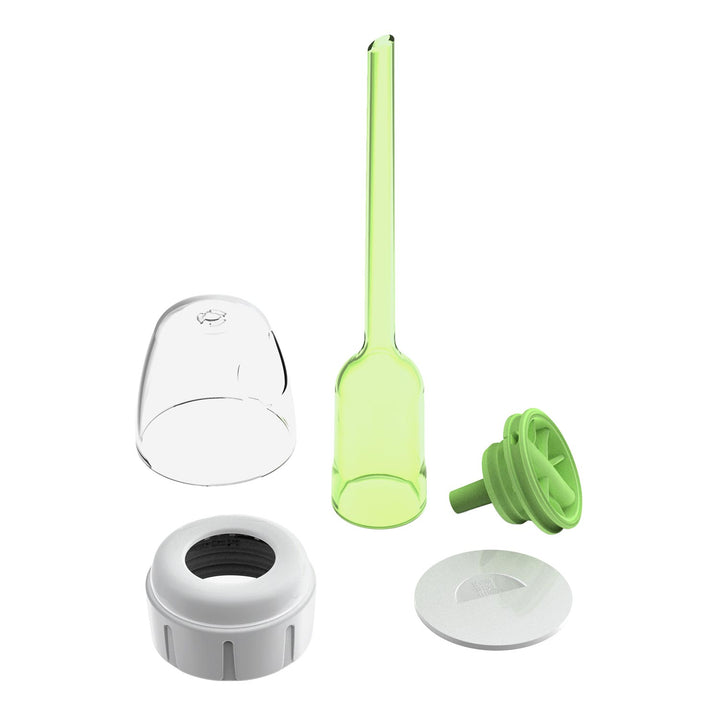 Five parts of the Dr. Brown’s Natural Flow® Options+™ Narrow Baby Bottle Conversion Kit are shown: a clear dome, green tube, green valve, white ring with black center, and white disc with cut-out section on a white background.