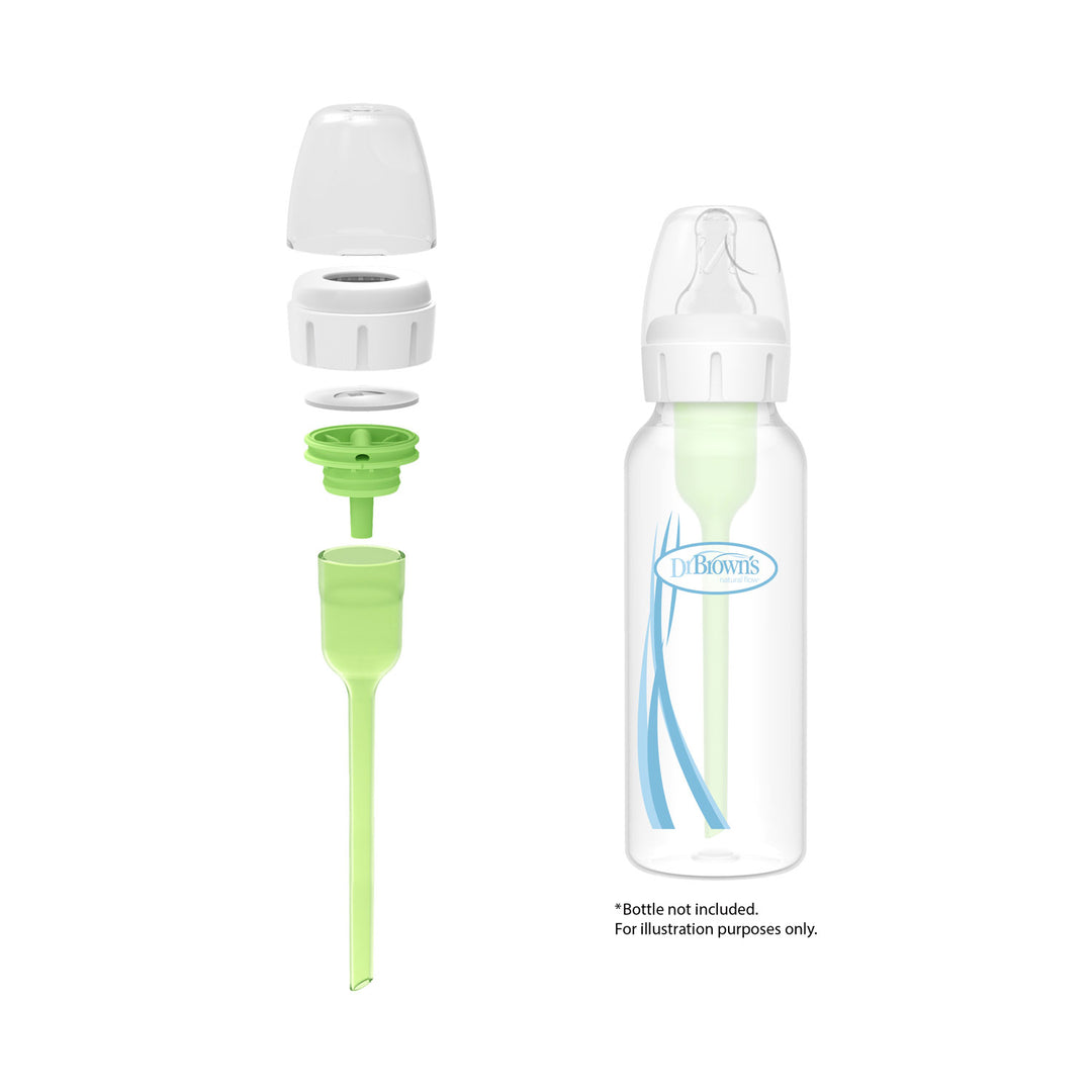 Exploded and assembled views of Dr. Brown’s Natural Flow® Options+™ Narrow Baby Bottle Conversion Kit; left shows separated parts for conversion use, right shows the assembled bottle with Dr. Brown's logo and green internal vent system.