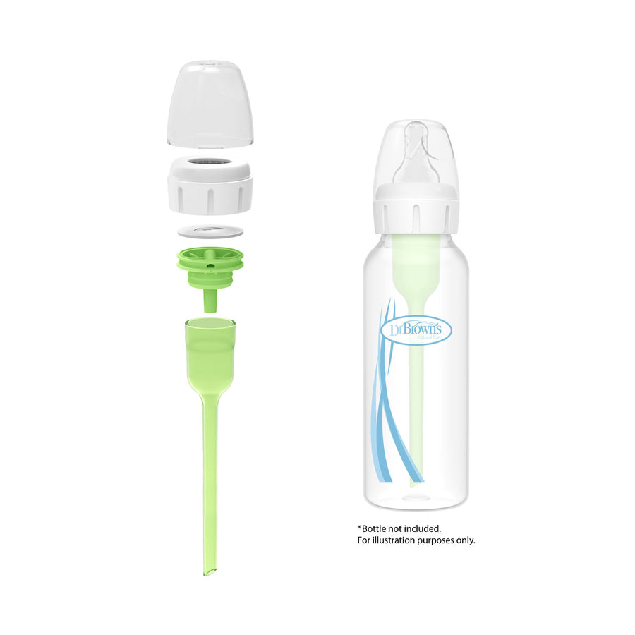 Exploded and assembled views of Dr. Brown’s Natural Flow® Options+™ Narrow Baby Bottle Conversion Kit; left shows separated parts for conversion use, right shows the assembled bottle with Dr. Brown's logo and green internal vent system.
