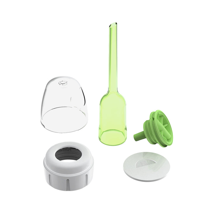 Five disassembled parts from the Dr. Brown’s Natural Flow® Options+™ Narrow Baby Bottle Conversion Kit by Dr. Brown's—a cap, nozzle, threaded ring, round filter, and green valve—are arranged on a white background for use with Dr. Brown's baby bottles.