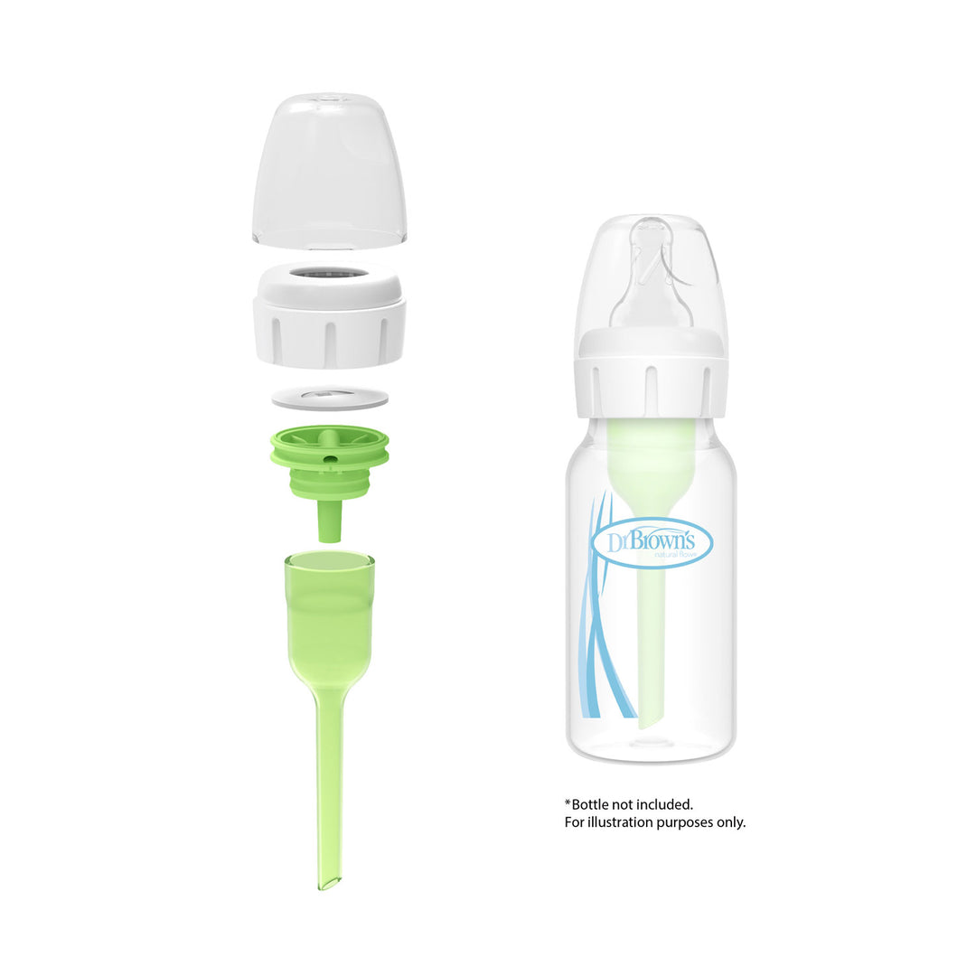 Exploded view of Dr. Brown’s Natural Flow® Options+™ Narrow Baby Bottle parts—cap, collar, nipple, green vent, and bottle. At right is a fully assembled bottle, perfect for pairing with the Dr. Brown’s Conversion Kit.