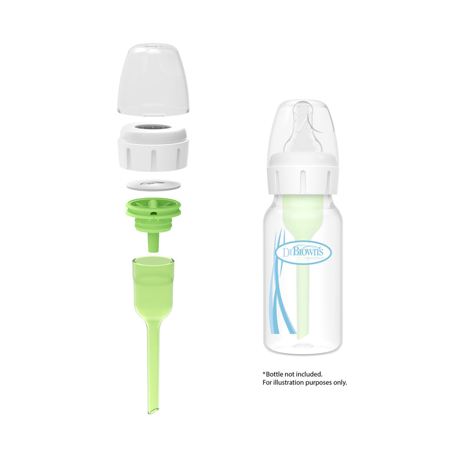 Exploded view of Dr. Brown’s Natural Flow® Options+™ Narrow Baby Bottle parts—cap, collar, nipple, green vent, and bottle. At right is a fully assembled bottle, perfect for pairing with the Dr. Brown’s Conversion Kit.