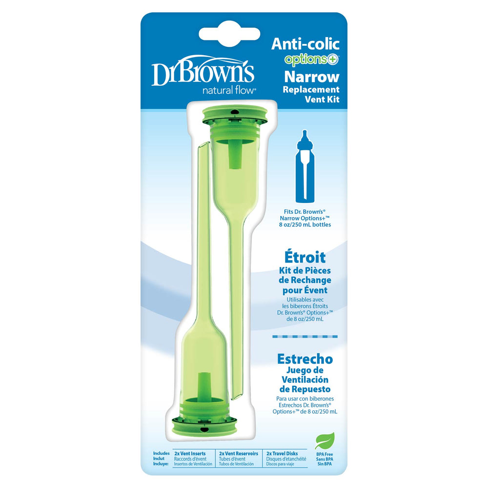 Dr. Brown’s Natural Flow® Options+™ Narrow Baby Bottle Replacement Vent Kit, 8oz, 2-Pack includes two green vent inserts in green packaging with multilingual details in English, French, and Spanish.