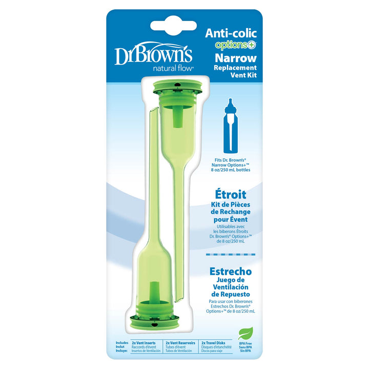 Dr. Brown’s Natural Flow® Options+™ Narrow Baby Bottle Replacement Vent Kit, 8oz, 2-Pack includes two green vent inserts in green packaging with multilingual details in English, French, and Spanish.