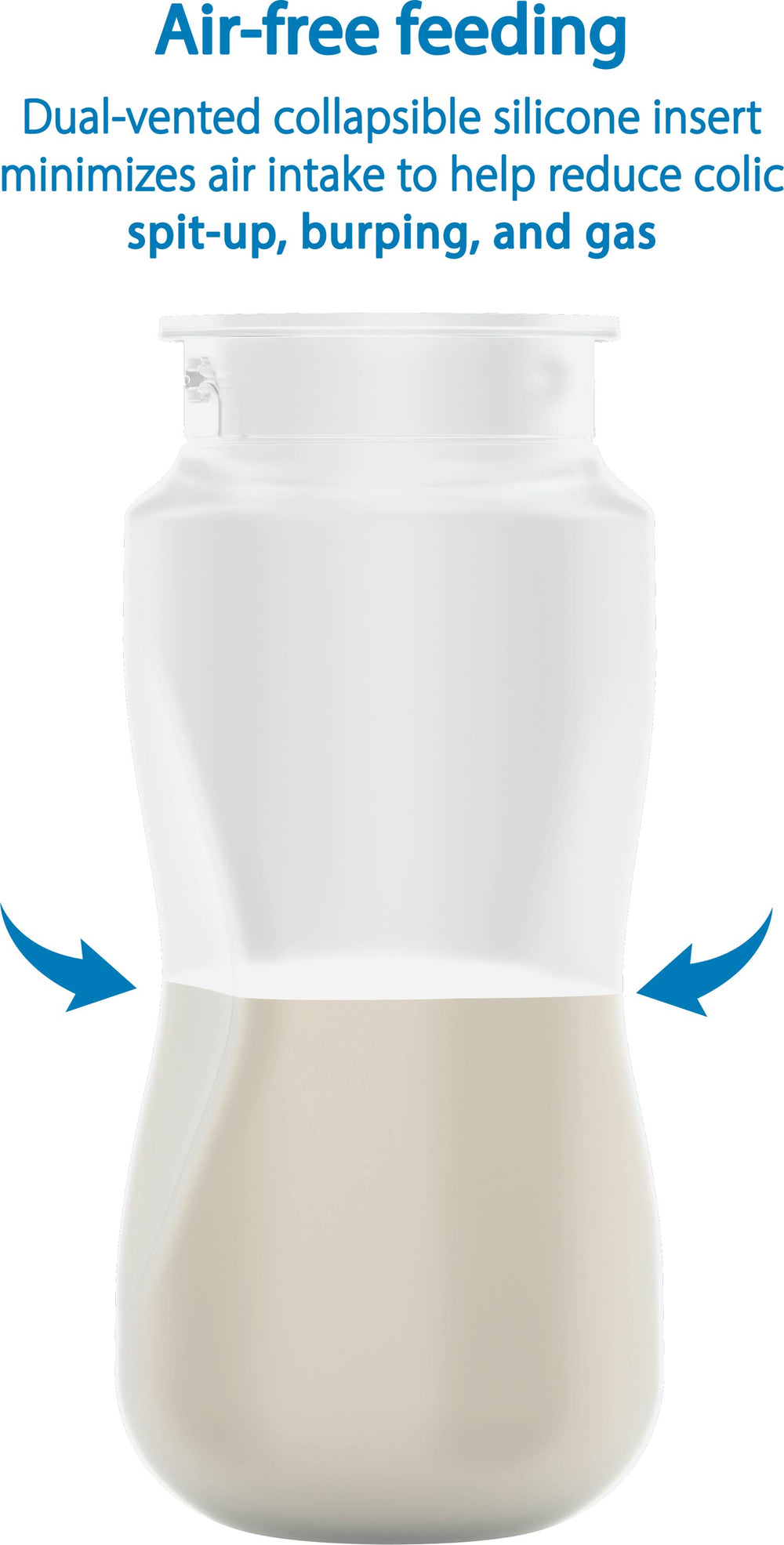 Collapsible silicone insert for a bottle with text explaining air-free feeding benefits.