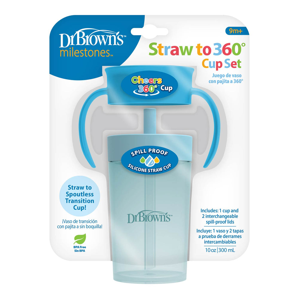 Dr. Brown’s® Milestones™ Straw to 360° Cup Set features a spill-proof silicone straw, easy-grip handles, and encourages sipping skills for ages 9+ months—ensuring smooth transitions with every sip.