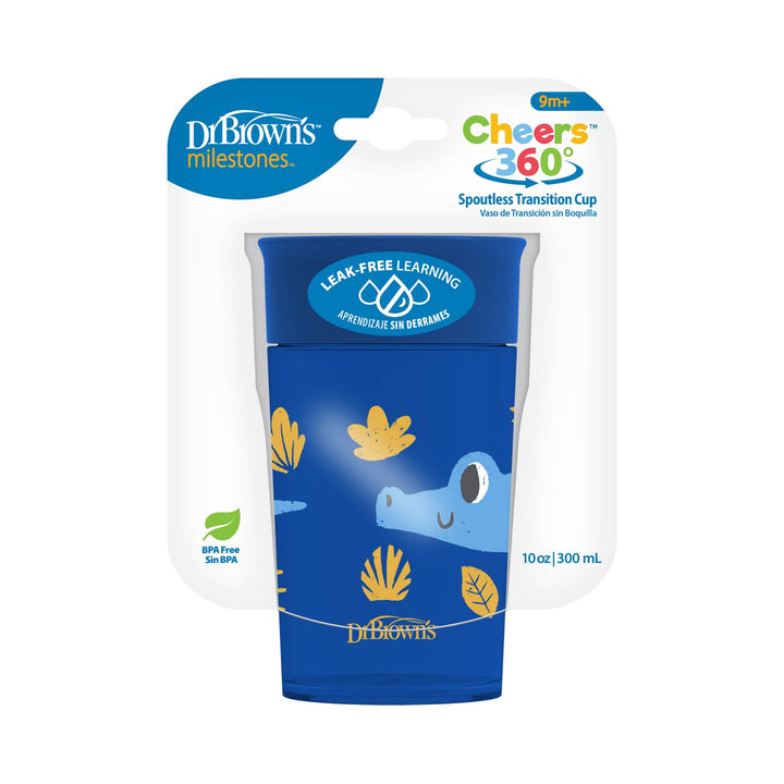 Dr. Brown's Spoutless Transition Cup packaging with blue design and crocodile illustration