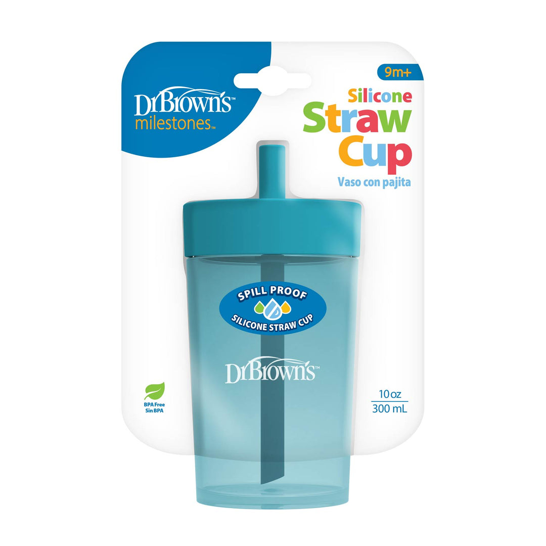 Dr. Brown's Silicone Straw Cup in a light blue translucent plastic, packaged on a white and blue cardboard backing card.