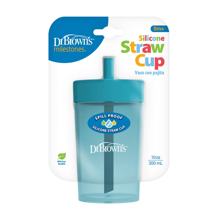 Dr. Brown's Silicone Straw Cup in a light blue translucent plastic, packaged on a white and blue cardboard backing card.