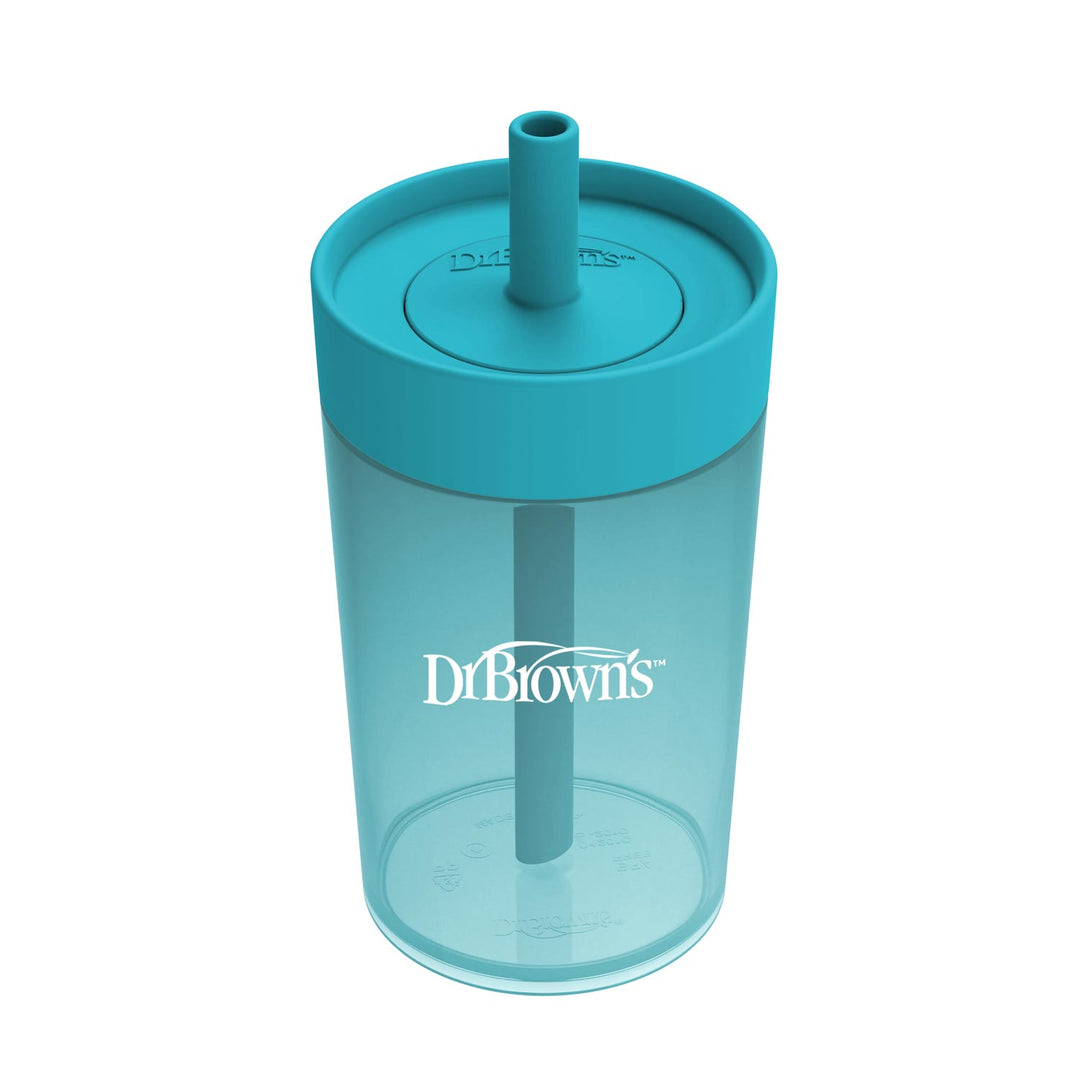 A Dr. Brown's clear silicone straw cup with a bright teal lid and straw, featuring the white Dr. Brown's label.