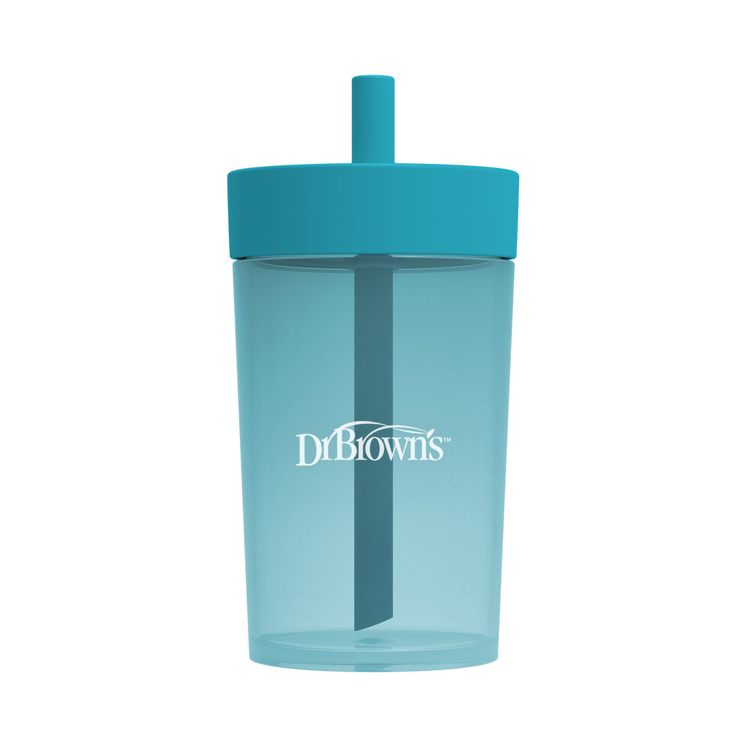 A translucent light blue silicone straw cup with a matching teal lid and straw, featuring the white 'Dr. Brown's' logo on the front, set against a plain white background.