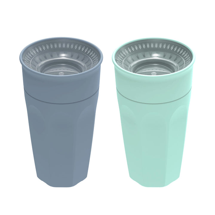 Two reusable cups, one gray and one mint green, on a white background.