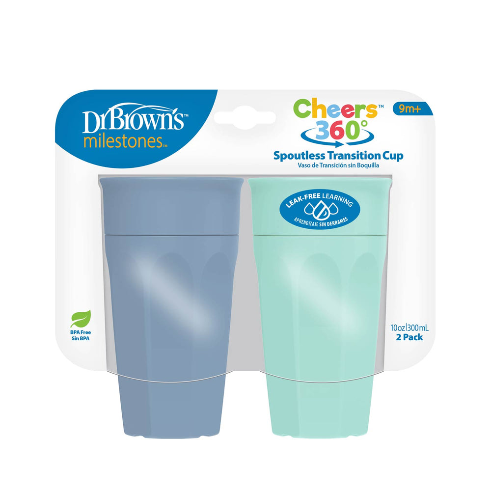 Two spoutless transition cups, blue and green, packaged