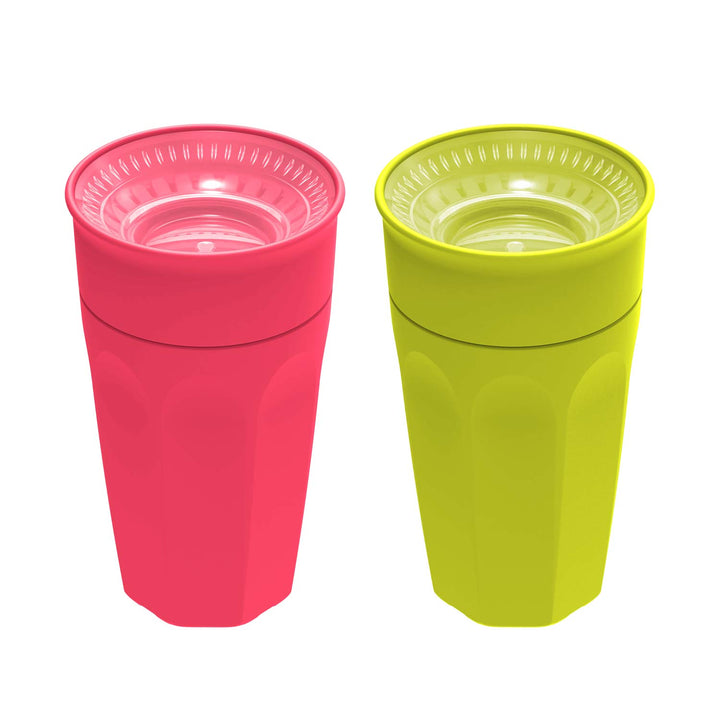 Two colorful tumblers, one pink and one green